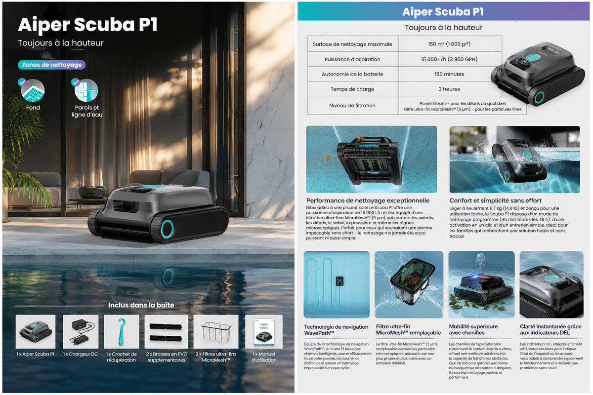 AIPER Scuba P1- Robot sans fil pour piscine creusée