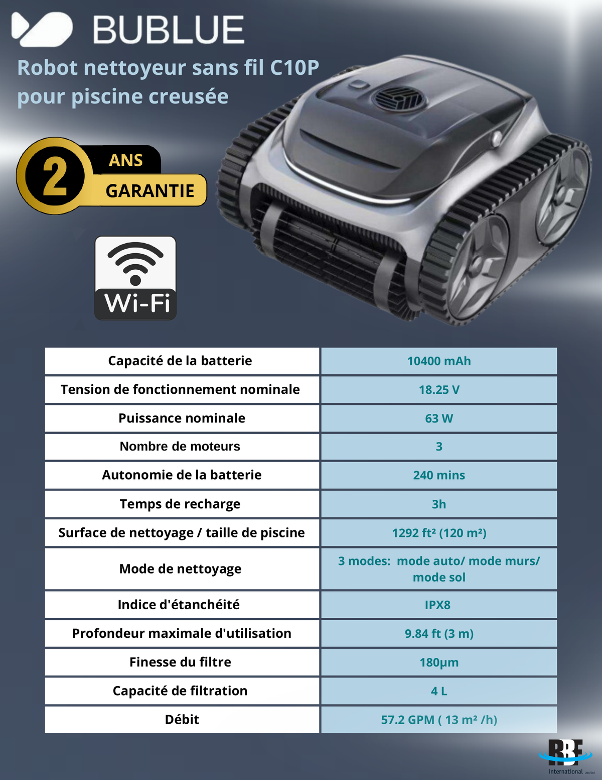 Robot nettoyant BUBLUE C10P pour piscine creusée -sans fil 2025