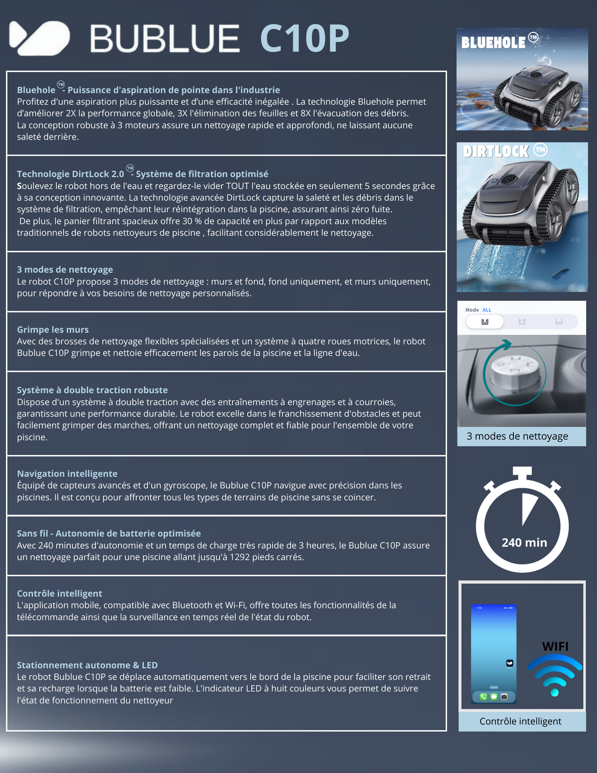 Robot nettoyant BUBLUE C10P pour piscine creusée -sans fil 2025