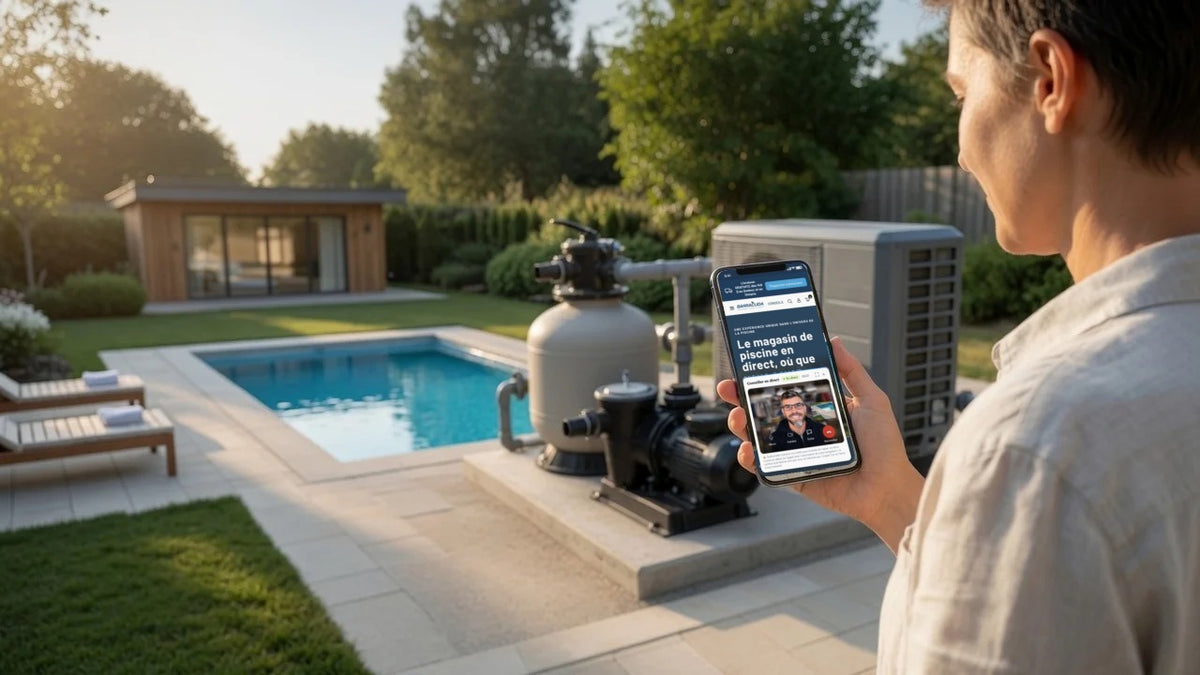 Client près de son équipement en appel vidéo BeamCart sur piscinesbarracuda.com
